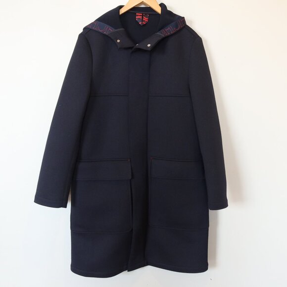 CAROLINA HERRERA scuba jacket long navy pockets XS logo classic designer FLAW